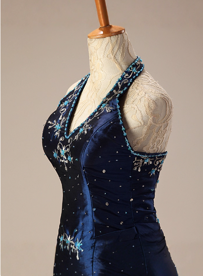 Elegant Halter Ball Gown Taffeta Long Prom Dresses, Navy Quinceanera Dresses Sweet 16 Dress DP3055