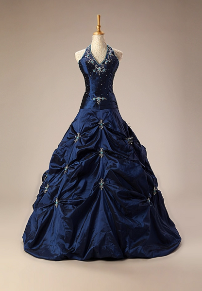 Elegant Halter Ball Gown Taffeta Long Prom Dresses, Navy Quinceanera Dresses Sweet 16 Dress DP3055