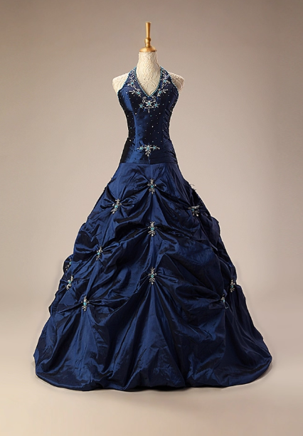 Elegant Halter Ball Gown Taffeta Long Prom Dresses, Navy Quinceanera Dresses Sweet 16 Dress DP3055