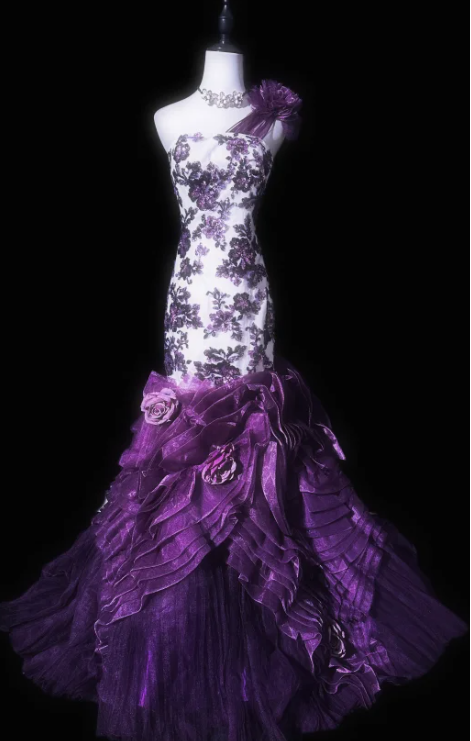 Elegant One-Shoulder Mermaid Tulle Long Prom Dresses, Purple Formal Evening Dresses DP3056