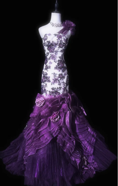 Elegant One-Shoulder Mermaid Tulle Long Prom Dresses, Purple Formal Evening Dresses DP3056