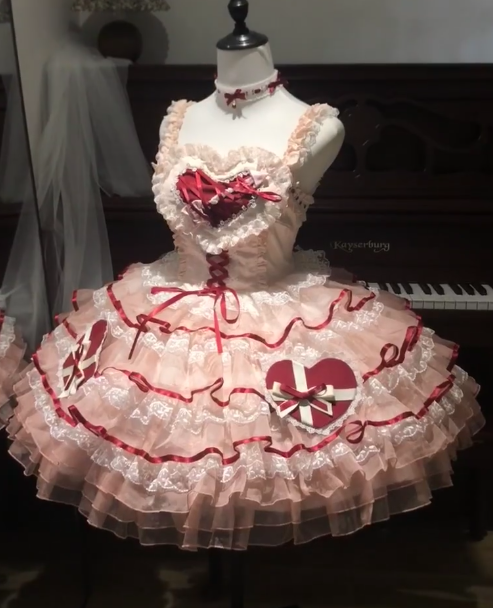 Sweet Spaghetti Strap Ball Gown Lace Tulle Birthday Dresses Red Lolita Dresses DP3057