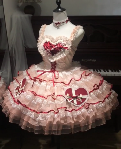 Sweet Spaghetti Strap Ball Gown Lace Tulle Birthday Dresses Red Lolita Dresses DP3057