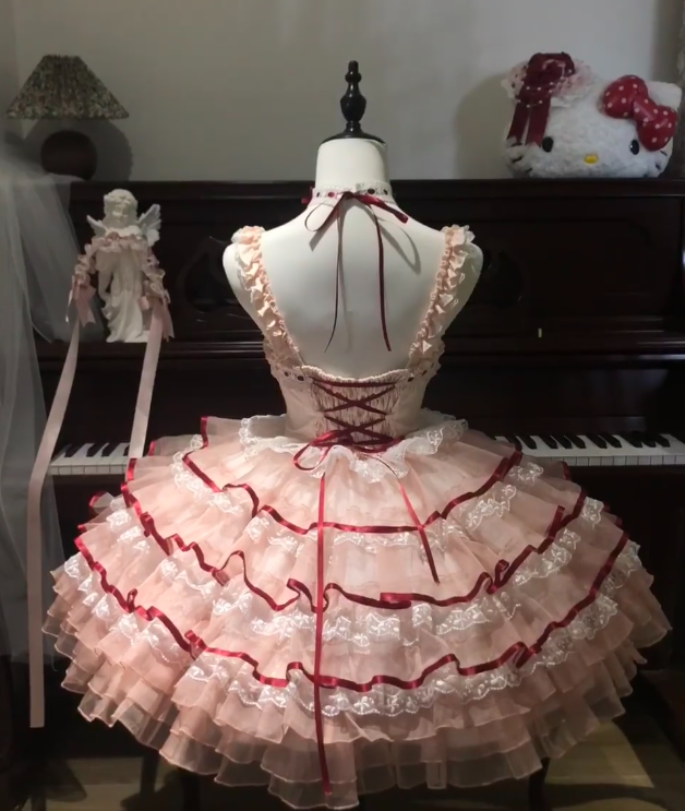 Sweet Spaghetti Strap Ball Gown Lace Tulle Birthday Dresses Red Lolita Dresses DP3057