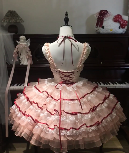 Sweet Spaghetti Strap Ball Gown Lace Tulle Birthday Dresses Red Lolita Dresses DP3057