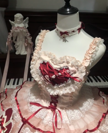 Sweet Spaghetti Strap Ball Gown Lace Tulle Birthday Dresses Red Lolita Dresses DP3057