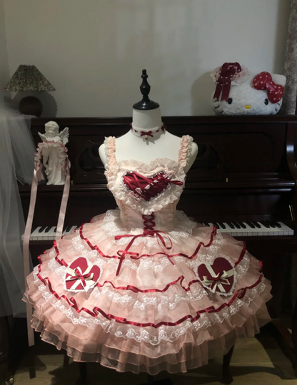 Sweet Spaghetti Strap Ball Gown Lace Tulle Birthday Dresses Red Lolita Dresses DP3057