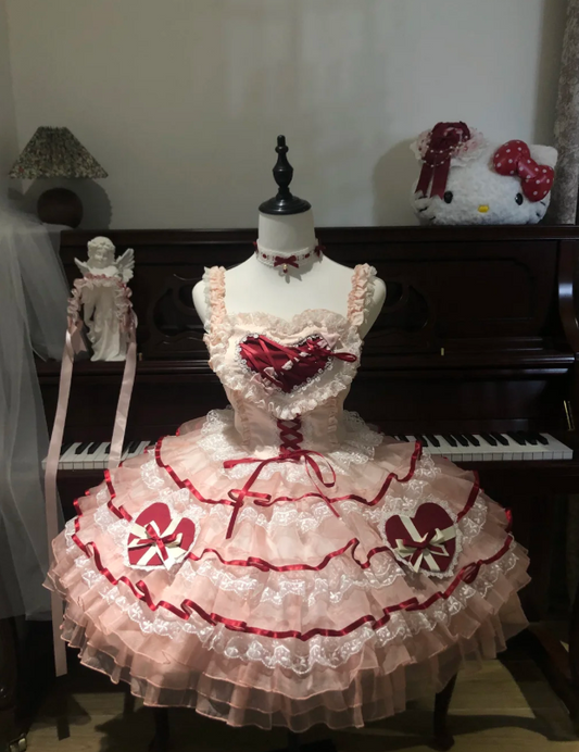 Sweet Spaghetti Strap Ball Gown Lace Tulle Birthday Dresses Red Lolita Dresses DP3057