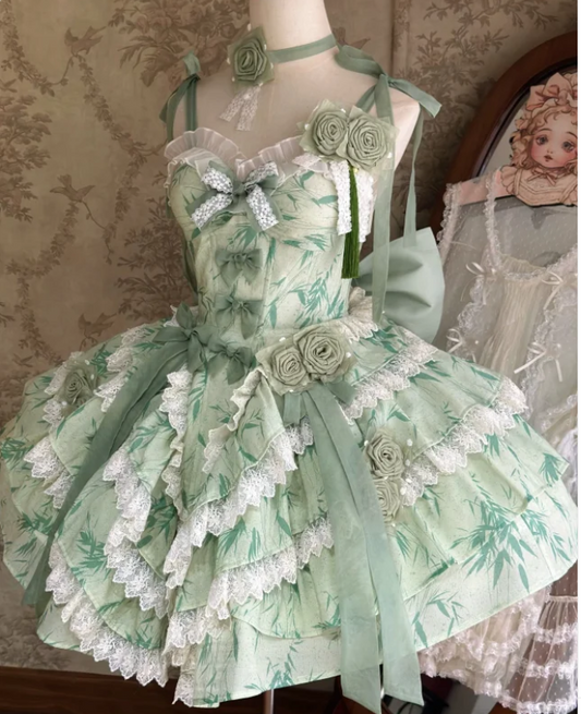 Sweet Spaghetti Strap Ball Gown Floral Chiffon Birthday Dresses Green Lolita Dresses DP3058