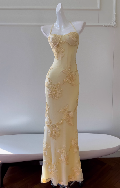 Modest Spaghetti Strap Sheath Lace Applique Long Prom Dresses, Yellow Formal Evening Dresses DP3059