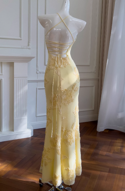 Modest Spaghetti Strap Sheath Lace Applique Long Prom Dresses, Yellow Formal Evening Dresses DP3059