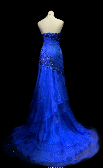 Modest Sweetheart Sheath Tulle Beaded Long Prom Dresses, Royal Blue Formal Evening Dresses DP3060