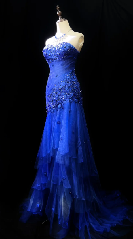 Modest Sweetheart Sheath Tulle Beaded Long Prom Dresses, Royal Blue Formal Evening Dresses DP3060