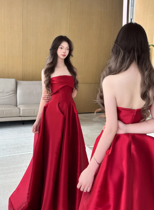 Modest Strapless A-line Satin Long Prom Dresses, Burgundy Formal Evening Dresses DP3061