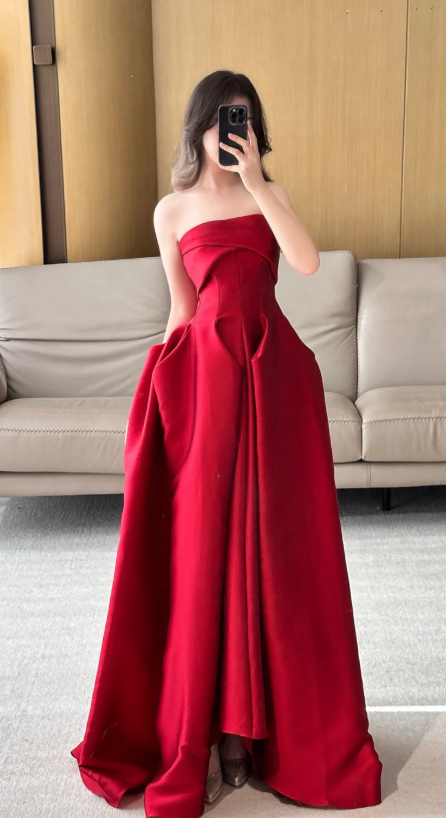 Modest Strapless A-line Satin Long Prom Dresses, Burgundy Formal Evening Dresses DP3061
