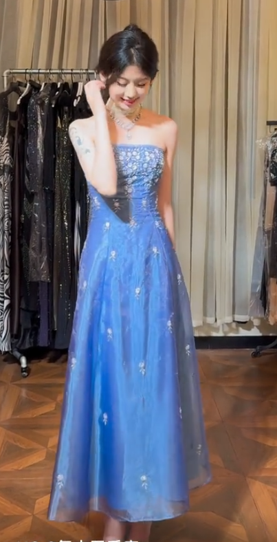 Modest Strapless A-line Chiffon Long Prom Dresses, Vintage Blue Formal Evening Dresses DP3062