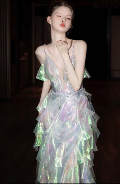 Modest Spaghetti Strap A-line Tulle Long Prom Dresses, Sleeveless Formal Evening Dresses DP3063