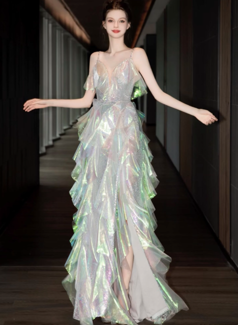 Modest Spaghetti Strap A-line Tulle Long Prom Dresses, Sleeveless Formal Evening Dresses DP3063