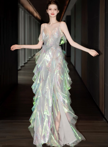 Modest Spaghetti Strap A-line Tulle Long Prom Dresses, Sleeveless Formal Evening Dresses DP3063