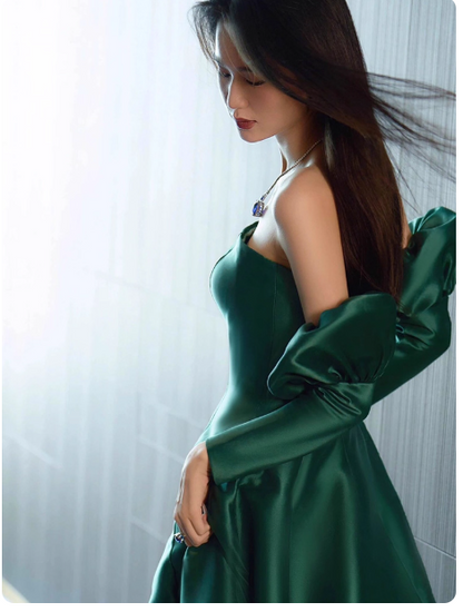 Modest Strapless A-line Satin Long Prom Dresses, Dark Green Formal Evening Dresses DP3064
