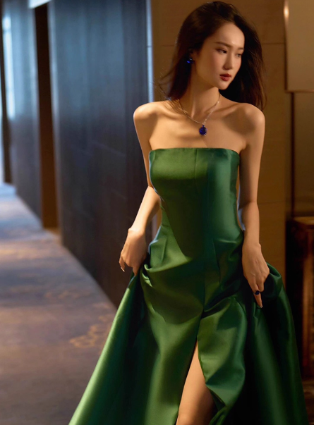 Modest Strapless A-line Satin Long Prom Dresses, Dark Green Formal Evening Dresses DP3064