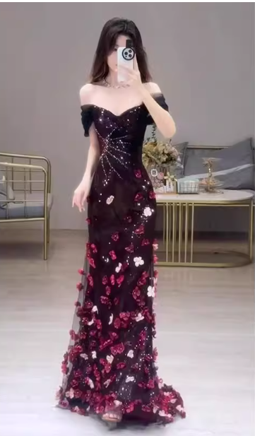 Gorgeous Off-the-shoulder A-Line tulle appliquéd Long Prom Dresses, Dark Red Formal Evening Gowns DP3065