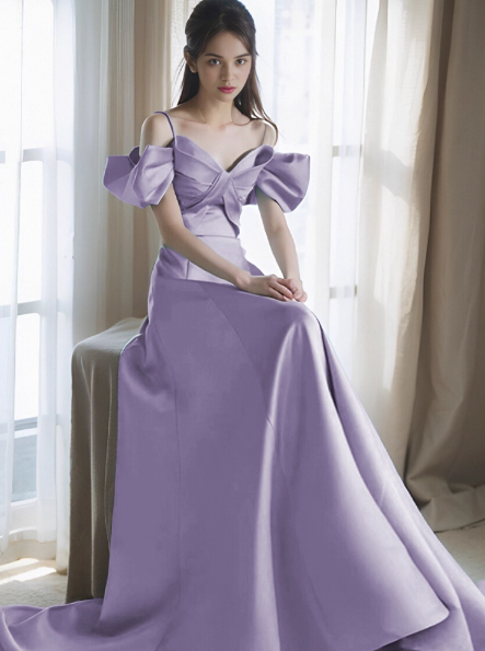 Elegant Off-the-shoulder A-Line Satin Long Prom Dresses, Lavender Formal Evening Gowns DP3066