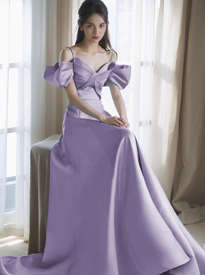 Elegant Off-the-shoulder A-Line Satin Long Prom Dresses, Lavender Formal Evening Gowns DP3066