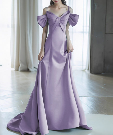 Elegant Off-the-shoulder A-Line Satin Long Prom Dresses, Lavender Formal Evening Gowns DP3066