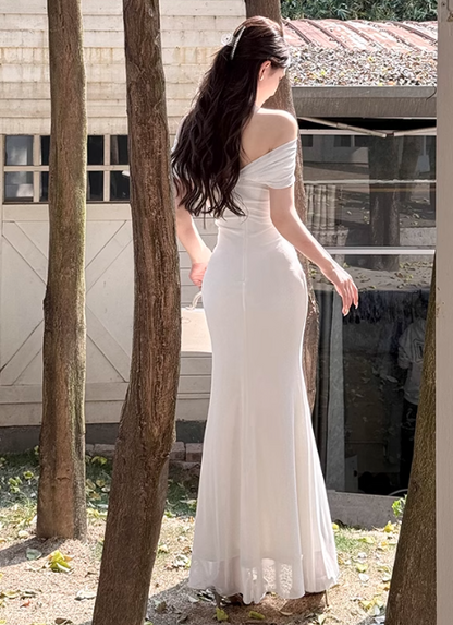 Elegant Off-the-shoulder Mermaid Chiffon Long Prom Dresses, White Formal Evening Gowns DP3068