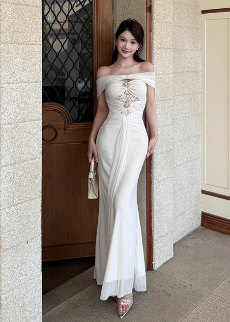 Elegant Off-the-shoulder Mermaid Chiffon Long Prom Dresses, White Formal Evening Gowns DP3068