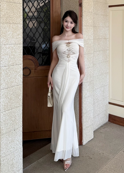 Elegant Off-the-shoulder Mermaid Chiffon Long Prom Dresses, White Formal Evening Gowns DP3068