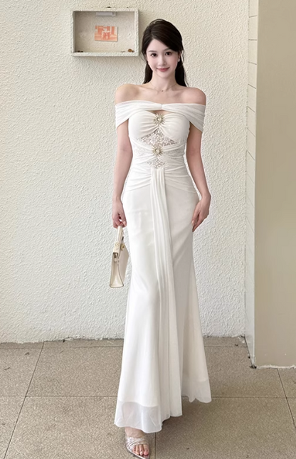 Elegant Off-the-shoulder Mermaid Chiffon Long Prom Dresses, White Formal Evening Gowns DP3068