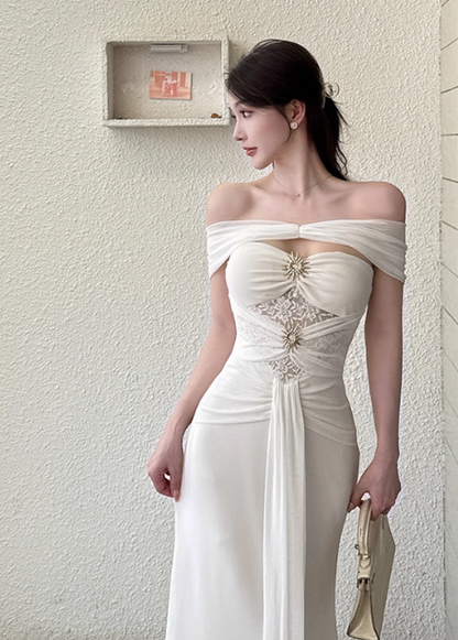 Elegant Off-the-shoulder Mermaid Chiffon Long Prom Dresses, White Formal Evening Gowns DP3068