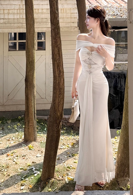 Elegant Off-the-shoulder Mermaid Chiffon Long Prom Dresses, White Formal Evening Gowns DP3068