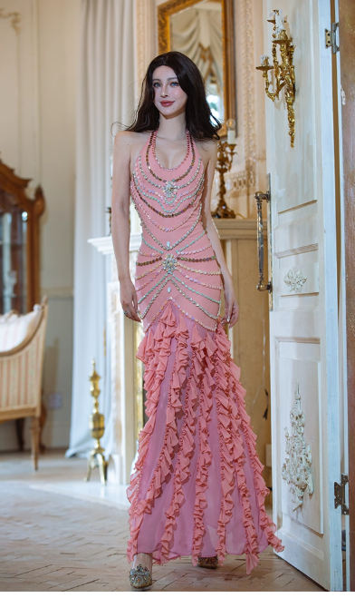 Elegant Halter Mermaid Chiffon Beaded Long Prom Dresses, Pink Formal Evening Dresses DP3071