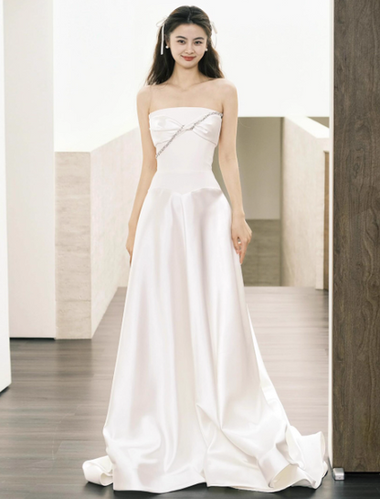 Modest Sheath Satin Wedding Dresses, Sleeveless Bridal Gowns White Wedding Gowns DP3072