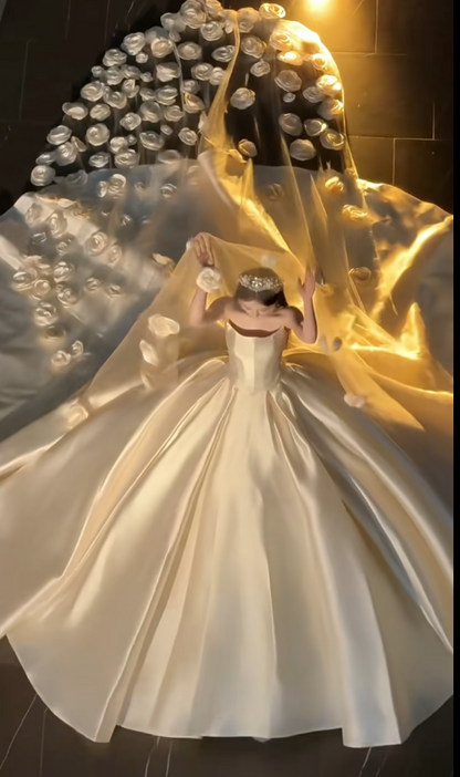 Timeless Strapless Ball Gown Satin Luxury Wedding Dress, White Bridal Gowns DP3076