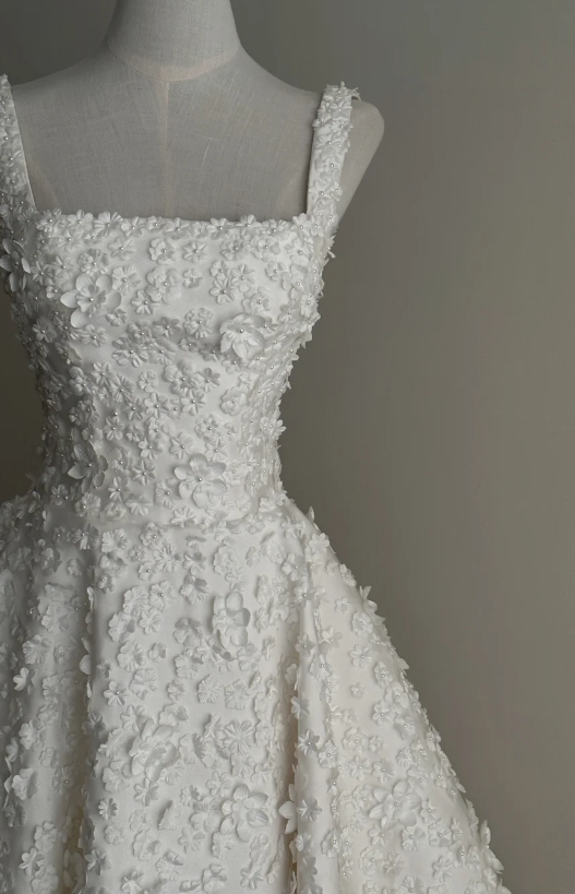 Timeless Square Neck A-Line Satin Appliqué Luxury Wedding Dress, White Bridal Gowns DP3078