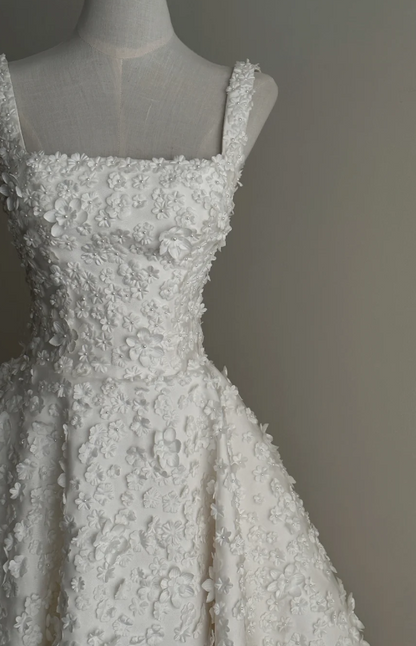 Timeless Square Neck A-Line Satin Appliqué Luxury Wedding Dress, White Bridal Gowns DP3078