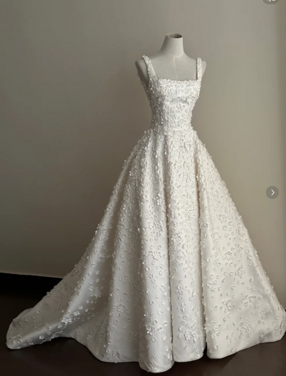 Timeless Square Neck A-Line Satin Appliqué Luxury Wedding Dress, White Bridal Gowns DP3078