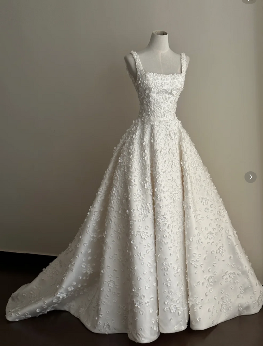 Timeless Square Neck A-Line Satin Appliqué Luxury Wedding Dress, White Bridal Gowns DP3078