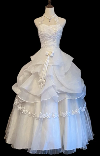 Timeless Halter Ball Gown Tulle Luxury Wedding Dress, White Bridal Gowns DP3079