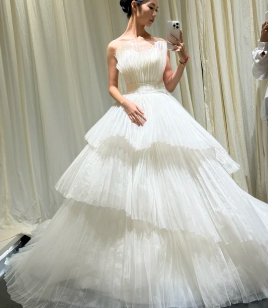 Timeless Strapless A-Line Tulle Luxury Wedding Dress, White Bridal Gowns DP3081