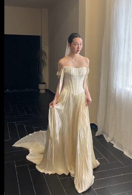 Timeless Off-the-shoulder Sheath Satin Luxury Wedding Dress, Light Champagne Bridal Gowns DP3080