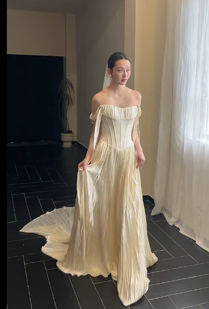 Timeless Off-the-shoulder Sheath Satin Luxury Wedding Dress, Light Champagne Bridal Gowns DP3080