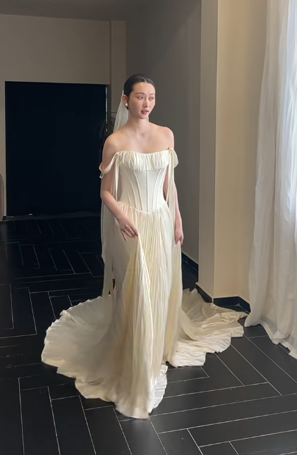 Timeless Off-the-shoulder Sheath Satin Luxury Wedding Dress, Light Champagne Bridal Gowns DP3080