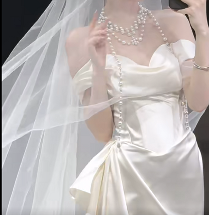 Timeless Off-the-shoulder Sheath Satin Luxury Wedding Dress, White Bridal Gowns DP3082
