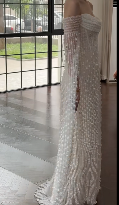 Timeless Off-the-shoulder Sheath Tulle Beading Luxury Wedding Dress, Long Sleeve Bridal Gowns DP3083