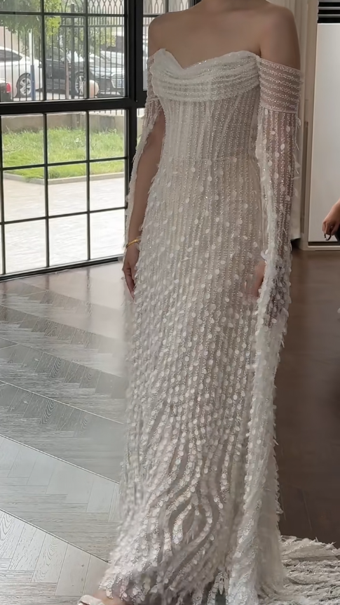 Timeless Off-the-shoulder Sheath Tulle Beading Luxury Wedding Dress, Long Sleeve Bridal Gowns DP3083